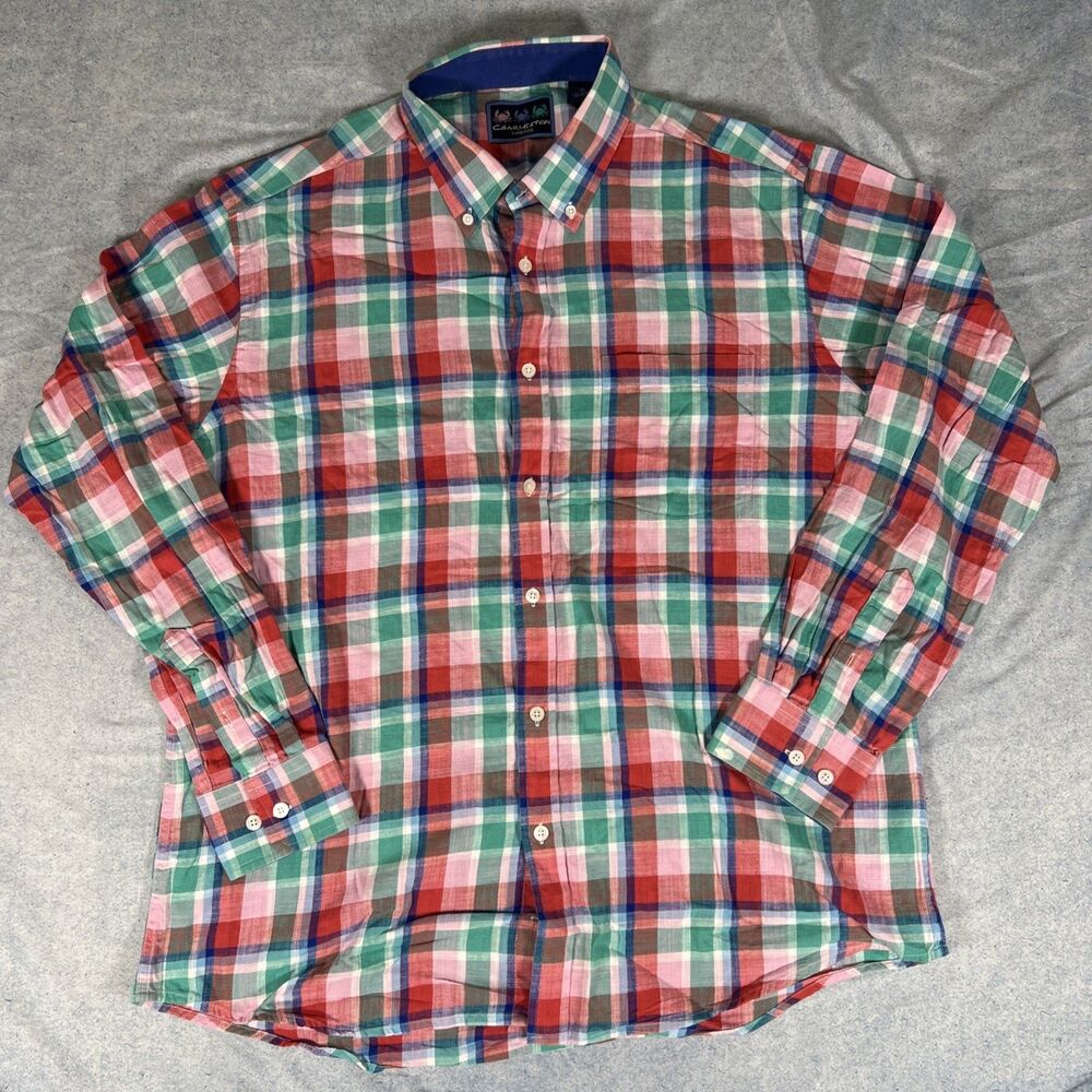 Charleston Threads Plaid Cotton Button-Down Shirt Pink Blue White Long Sleeve XL